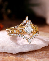 ODETTE Kite Cut Moissanite Engagement Ring Set Vintage Bridal Ring Set 3PCS